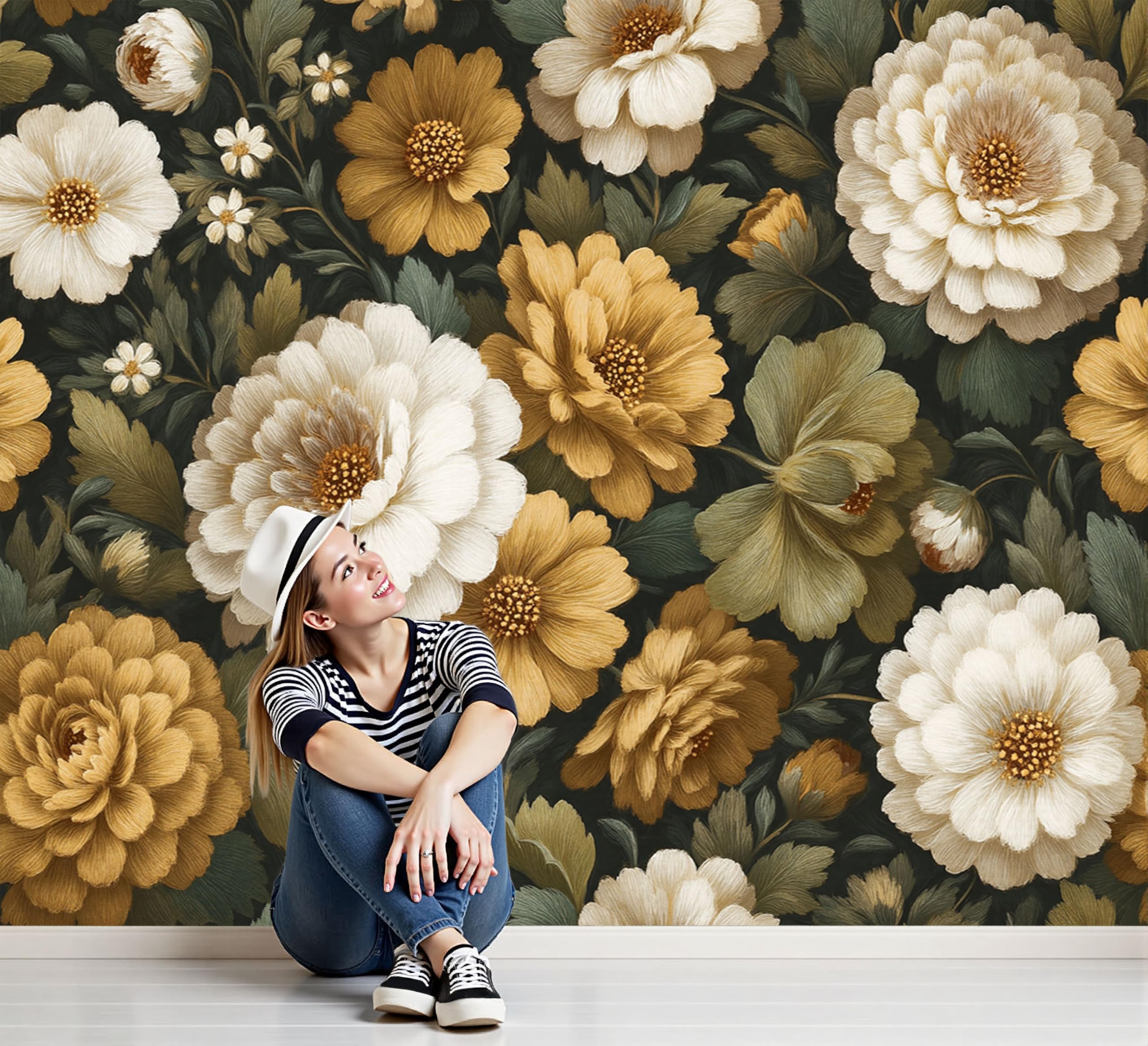 Poster géant mural 3D à motif floral blanc et jaune haute définition
