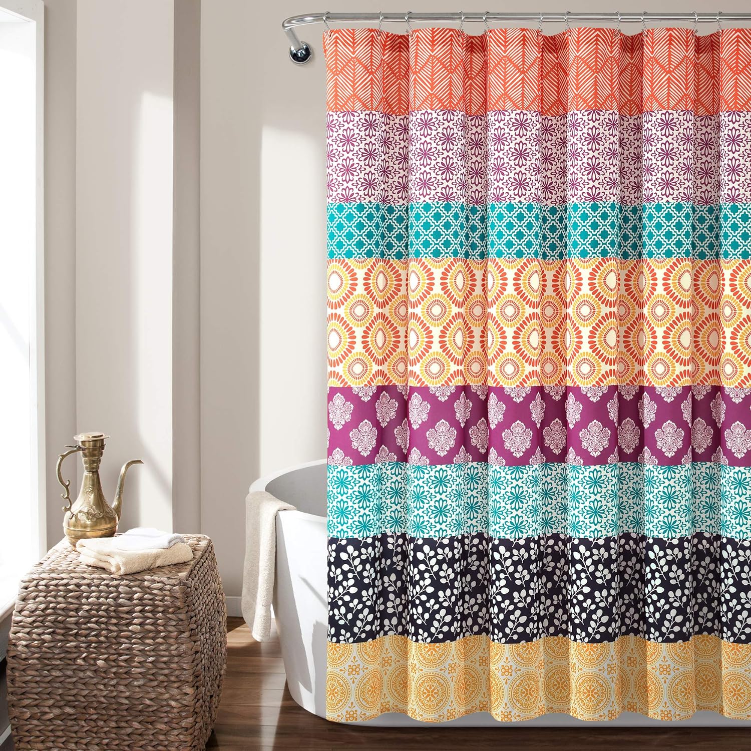 Lush Decor Bohemian Stripe Shower Curtain, 72" W x 72" L, Fuchsia & Orange - Bathroom Curtain - Striped Shower Curtain - Boho Decor - Fabric Shower Curtains