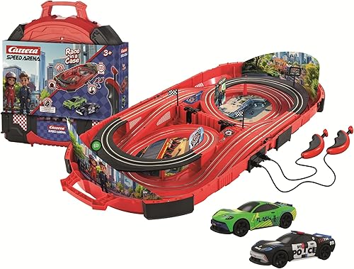 Carrera Speed Arena Police Chase - Pista de carreras portátil con ranura para autos incluye 2 autos, juego de carreras de juguete para principiantes