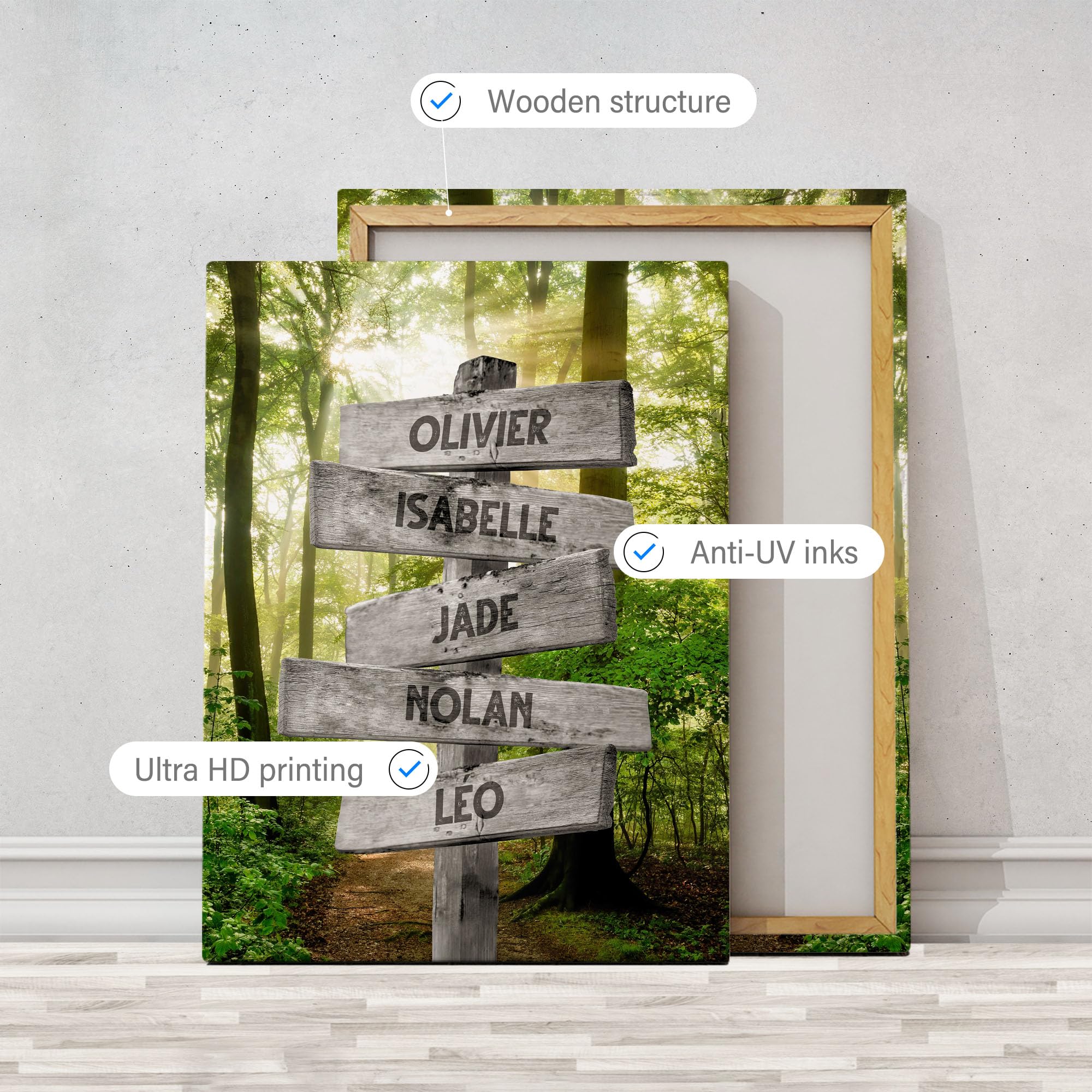 Cuadro Personalizado Familia Bosque Rayo Sol para Decoración de Pared de Salón | Idea de Regalo Personalizado Mujer o Hombre | Marco Personalizado para Cumpleaños | Objeto Personalizado con Nombre