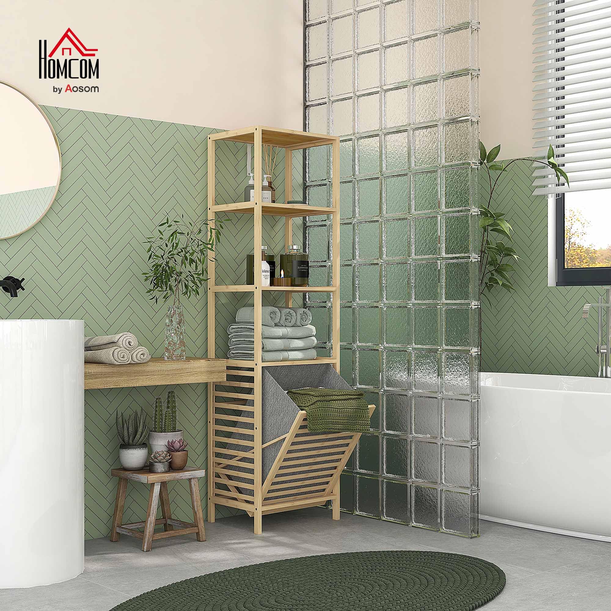 HOMCOM Badregal mit Wäschekorb Badezimmerregal 3 Ebenen 44 x 33 x 160 cm