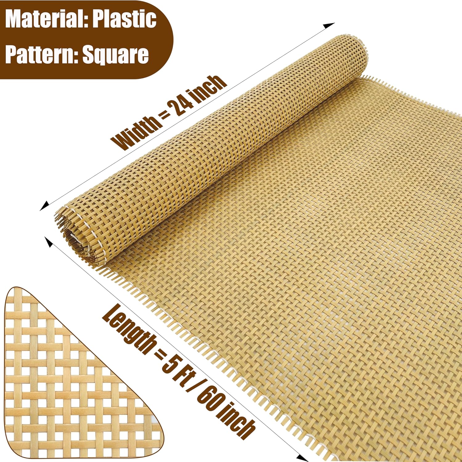Plastic Rattan Square Webbing Roll, 24 in x 5 Ft, Faux Cane Webbing for DIY Home Decor Projects, Pre-Woven Open Mesh for Furniture, Bed, Cabinet, Wardrobe, Room Divider, Light Shade