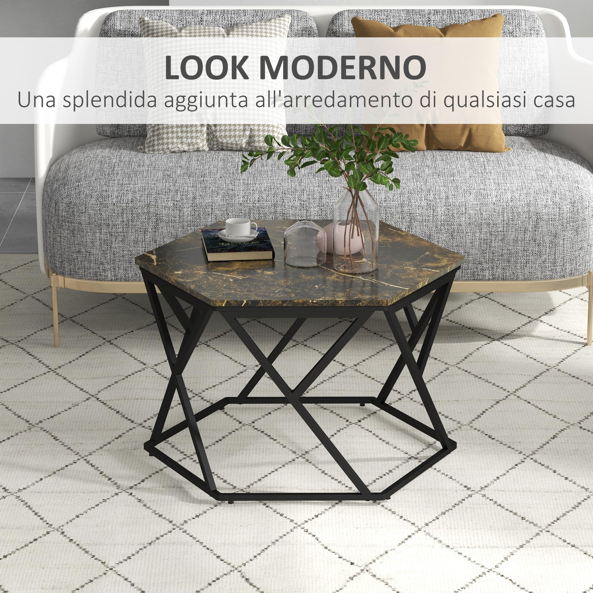 HOMCOM Tavolino da Salotto Moderno con Piano in Finto Marmo e Struttura in MDF e Acciaio, 81x70x51.2cm, Nero