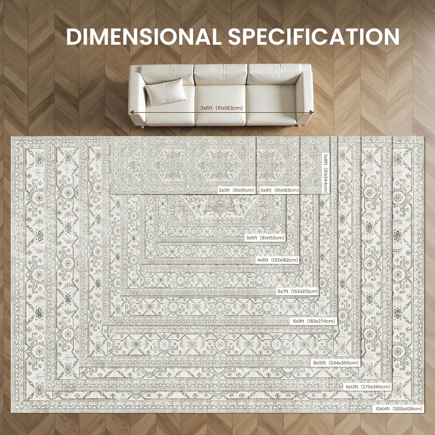 8x10 Area Rugs for Living Room, Stain Resistant Neutral Washable Rugs for Dining Room, Vintage Non-Slip Thin Large Size Beige Area Rug, Printed Vintage Home Decor Rug（Beige）