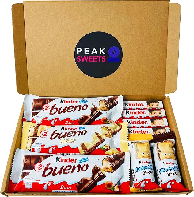 Peak Sweets Happy Hippos Kinder Bueno Chocolate Hamper Box - Kinder Hamper with 9 Chocolates Bulk Selection of Chocolate Gift Set - Letterbox Sweets Gift Hamper