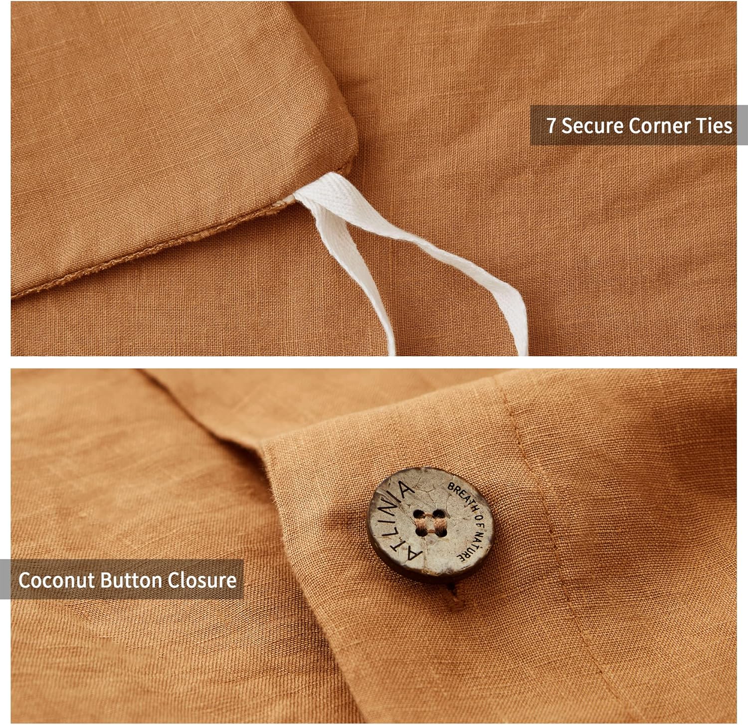 ATLINIA 100% Flax Linen Duvet Cover Set - Stone Washed Pure French Linen Organic Fabric for Farmhouse Comforter Boho Bedding Included 1 Duvet Cover 2 Pillow Shams(Rust, King)