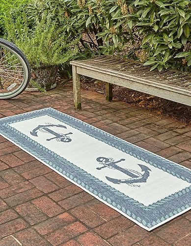 Miniatura 3 de Unique Loom Outdoor Coastal Collection - Alfombra de área con anclaje (2 pies 7 pulgadas x 10 pies, azul marinoazul claro)