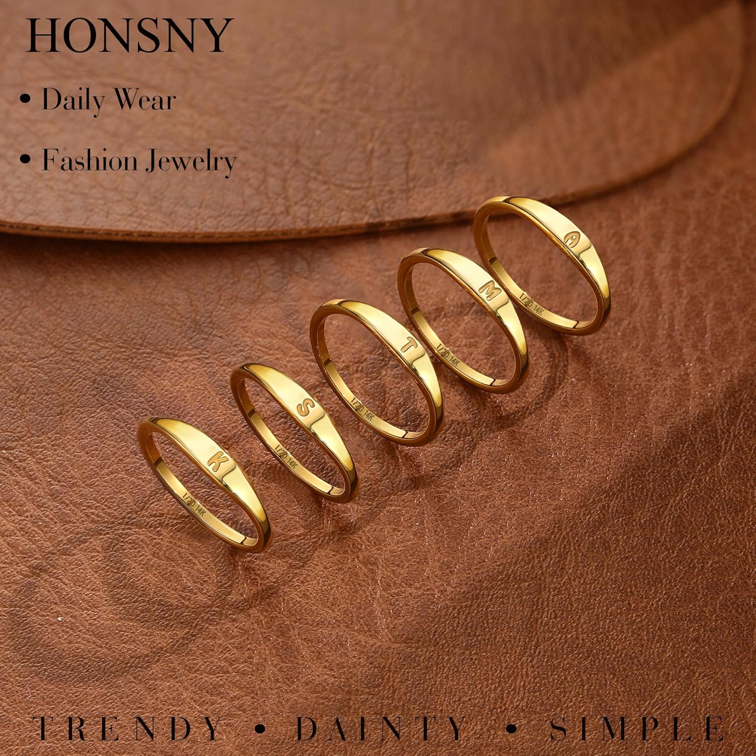 Honsny Gold Initial Rings for Women Non Tarnish Dainty 14K Gold Filled Ring Pinky Thumb Thin Bands Letter Waterproof Personalized Stackable Rings for Women Size 6-10 Jewelry Birthday Gifts - Image 4