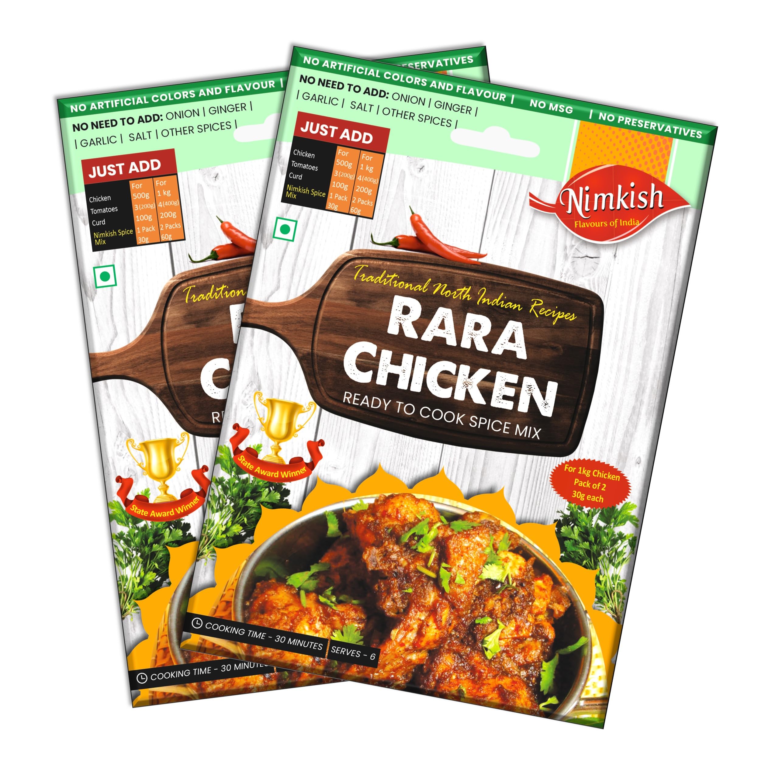 Nimkish Rara Chicken Spice Mix, Pack of 2, Ready to Cook Masala, 60g Each, Complete Premix