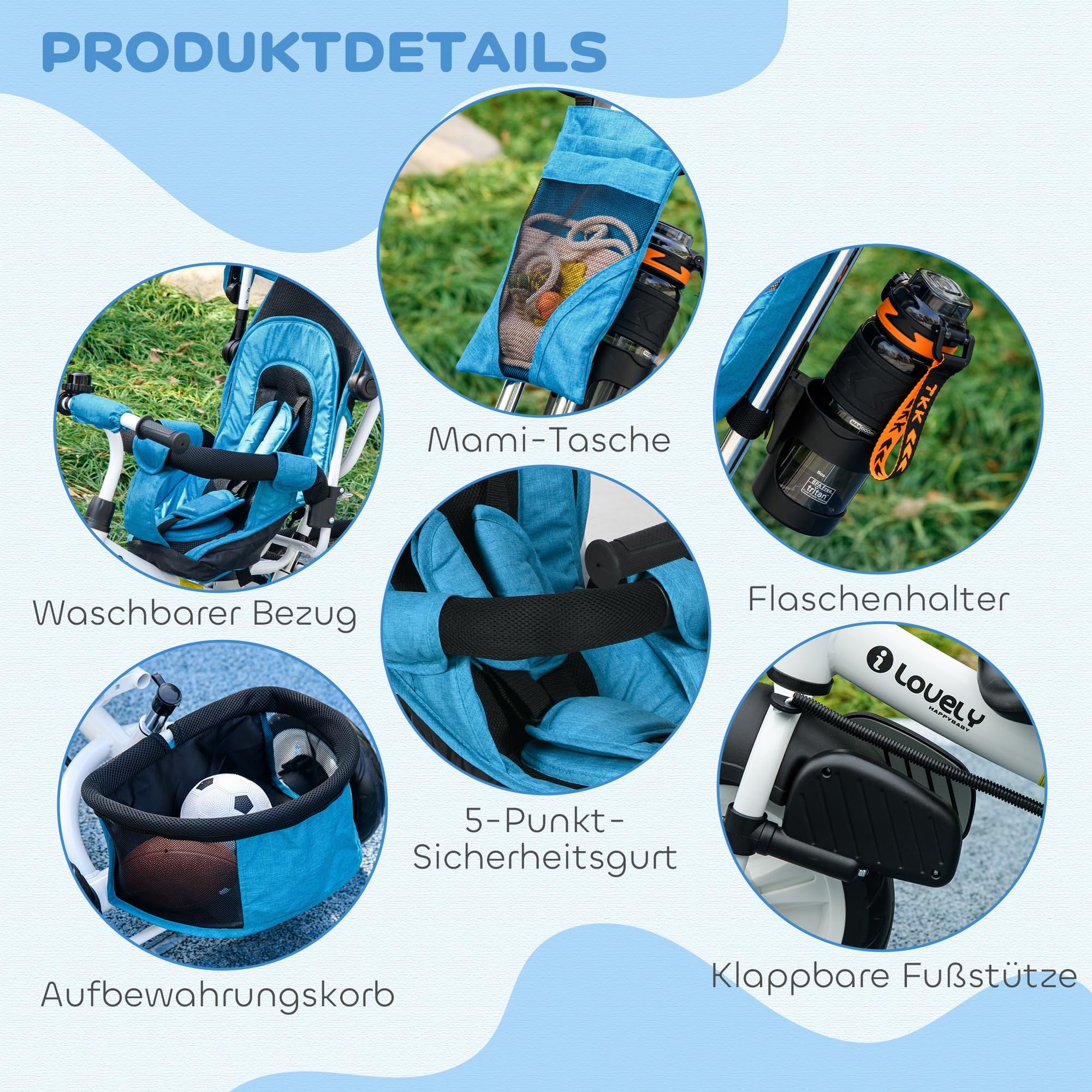 HOMCOM Dreirad 6-in-1 mit Schubstange für 1-5 Jahre Kinder bis 25kg, Kinderdreirad mit Vorwärts und Rückwärtsfahrt, Korb Tasche Becherhalter Sonnendach, Blau