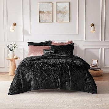 Intelligent Design Queen Comforter Set, Velvet Comforter Set , Luxury Diamond Quilting Comforter Set, Fluffy Comforter Bed Set with Decorative Pillowand 2 Shams, 4 Piece Black, Full/Queen
