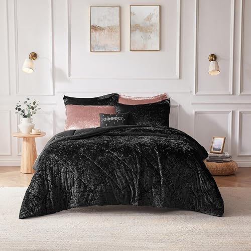Intelligent Design Queen Comforter Set, Velvet Comforter Set , Luxury Diamond Quilting Comforter Set, Fluffy Comforter Bed Set with Decorative Pillowand 2 Shams, 4 Piece Black, Full/Queen