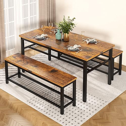 Miniatura 6 de AWQM Juego de mesa de comedor de 43.3 pulgadas para 4, mesa de comedor de cocina con 2 bancos, juego de mesa de comedor con marco de metal y estante