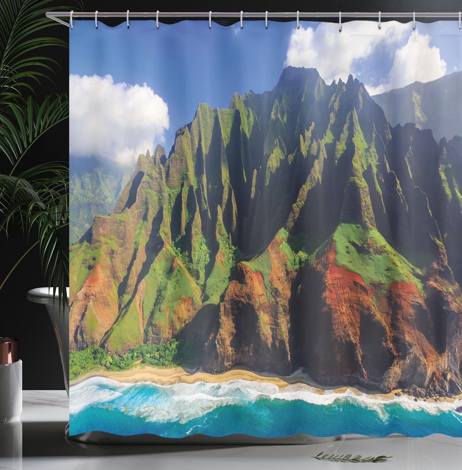 Ambesonne Hawaiian Shower Curtain, Aerial View of Na Pali Coast Kauai Hawaii Mountain Cliff Seacoast Scenic Photo, Cloth Fabric Bathroom Decor Set with Hooks, 69" W x 75" L, Brown Green
