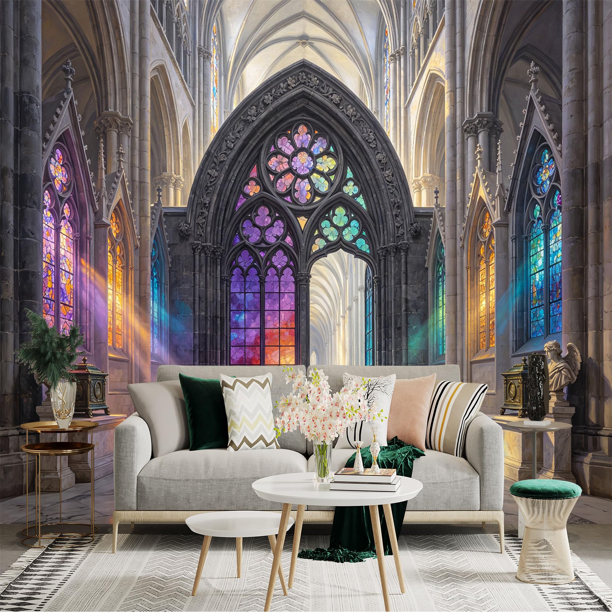 Custom Size Wall Sticker Mural， Gothic Cathedral Interior， Colorful Stained Glass， Sunlight Hall， for wall Decoration， peelandstick wall Decals.