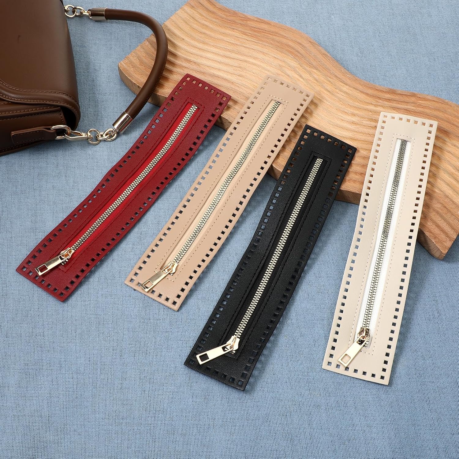 Crochet Zipper with Holes, 4 Pcs PU Leather Purse Zipper Sewing Zippers for Crochet Bags, Handbag, DIY Purse Making Accessories