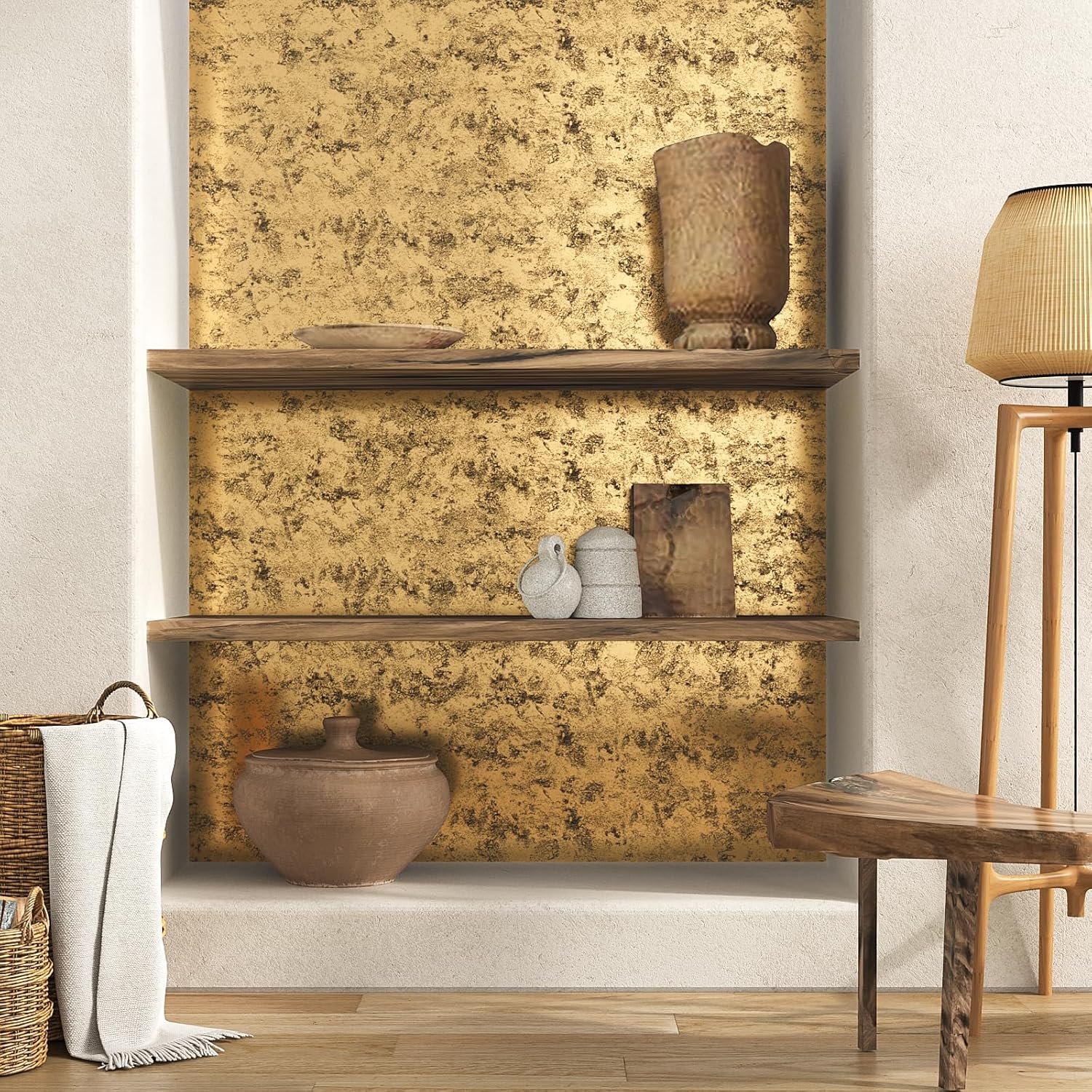 VEELIKE Luxury Gold Peel and Stick Wallpaper Textured Metallic Wallpaper Gold Contact Paper for Cabinets Shelves Accent Walls 24''x354'' Self Adhesive Removable Golden Wall Paper for Bedroom Bathroom