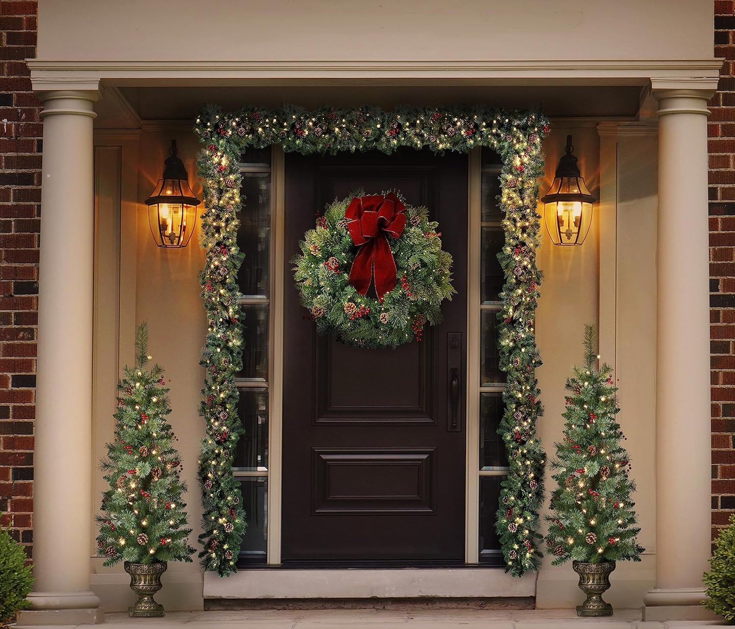 Haute Decor Classic Christmas Garland with Timed Warm White LED Lights, Red Berries, Real Pinecones (9 Foot)