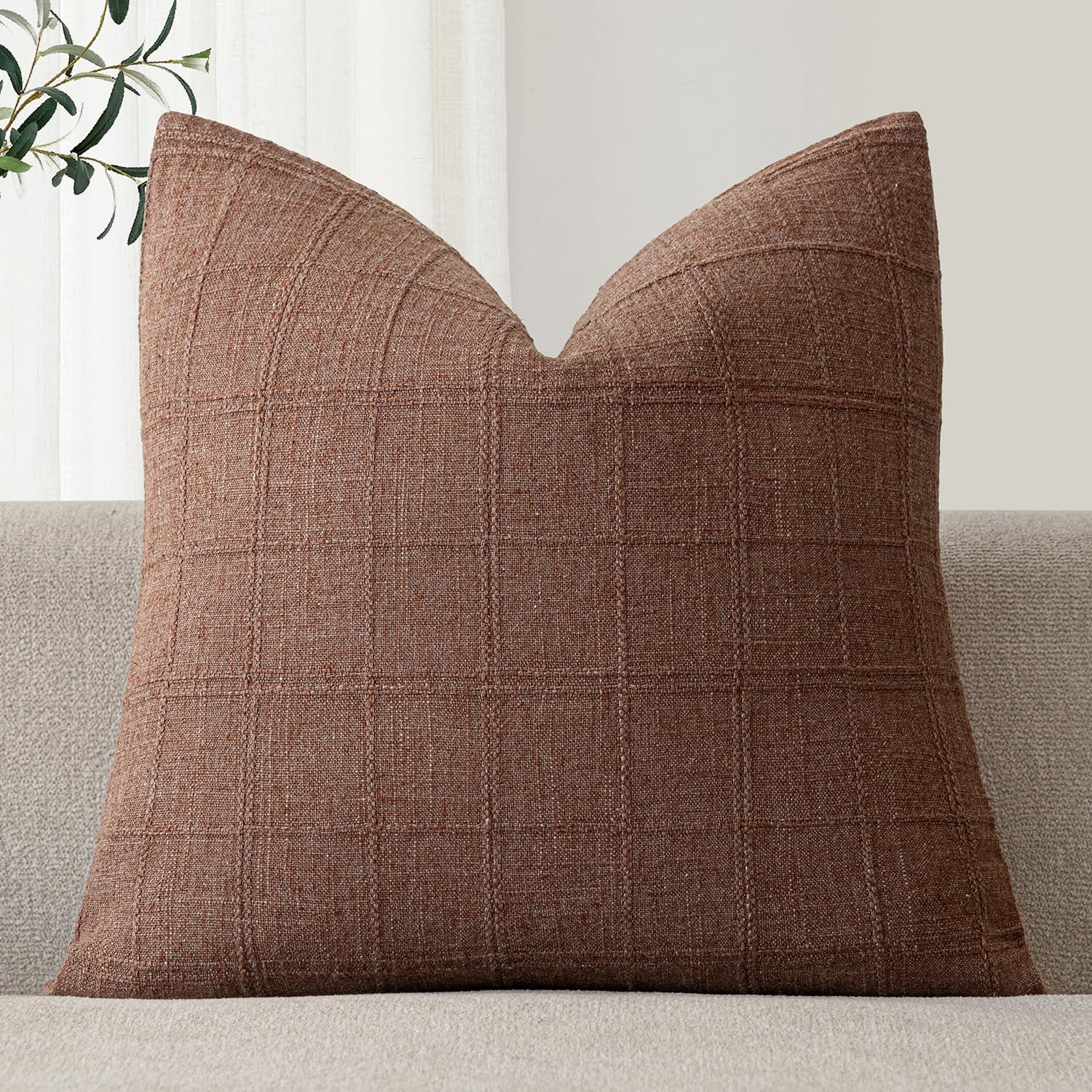 Foindtower Set of 1 Decorative Linen Check Throw Pillow Cover Neutral Farmhouse Vintage Cushion Cover Modern Boho Home Decor for Sofa Chair Couch Bedroom Living Room,24×24 Inch,Autumnal Red