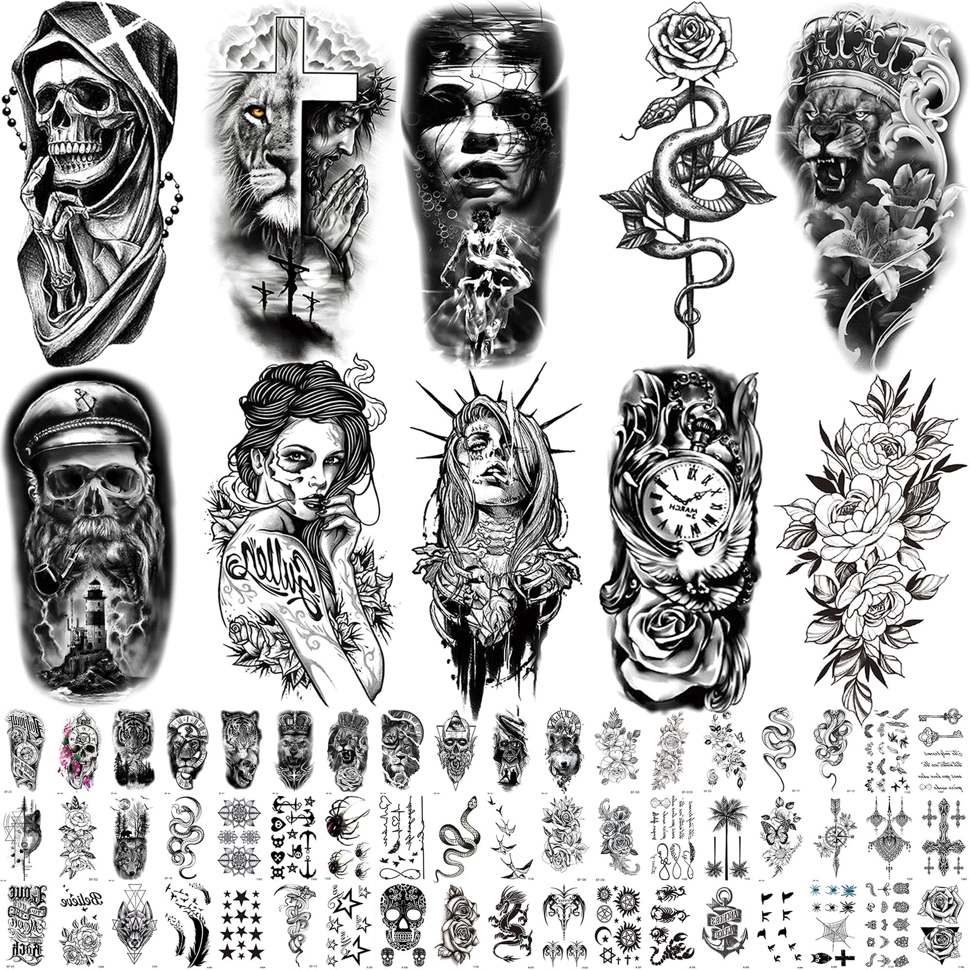 8 Pcs Temporary Transfer Tattoo Transfer for Men, Men, Boys, Teens - Fake Stickers for Arms, Shoulders, Chest, Back, Legs, Tribe, Carp, Fish, Skull, Owl, Clock, Tattoo, Halloween - Realistic