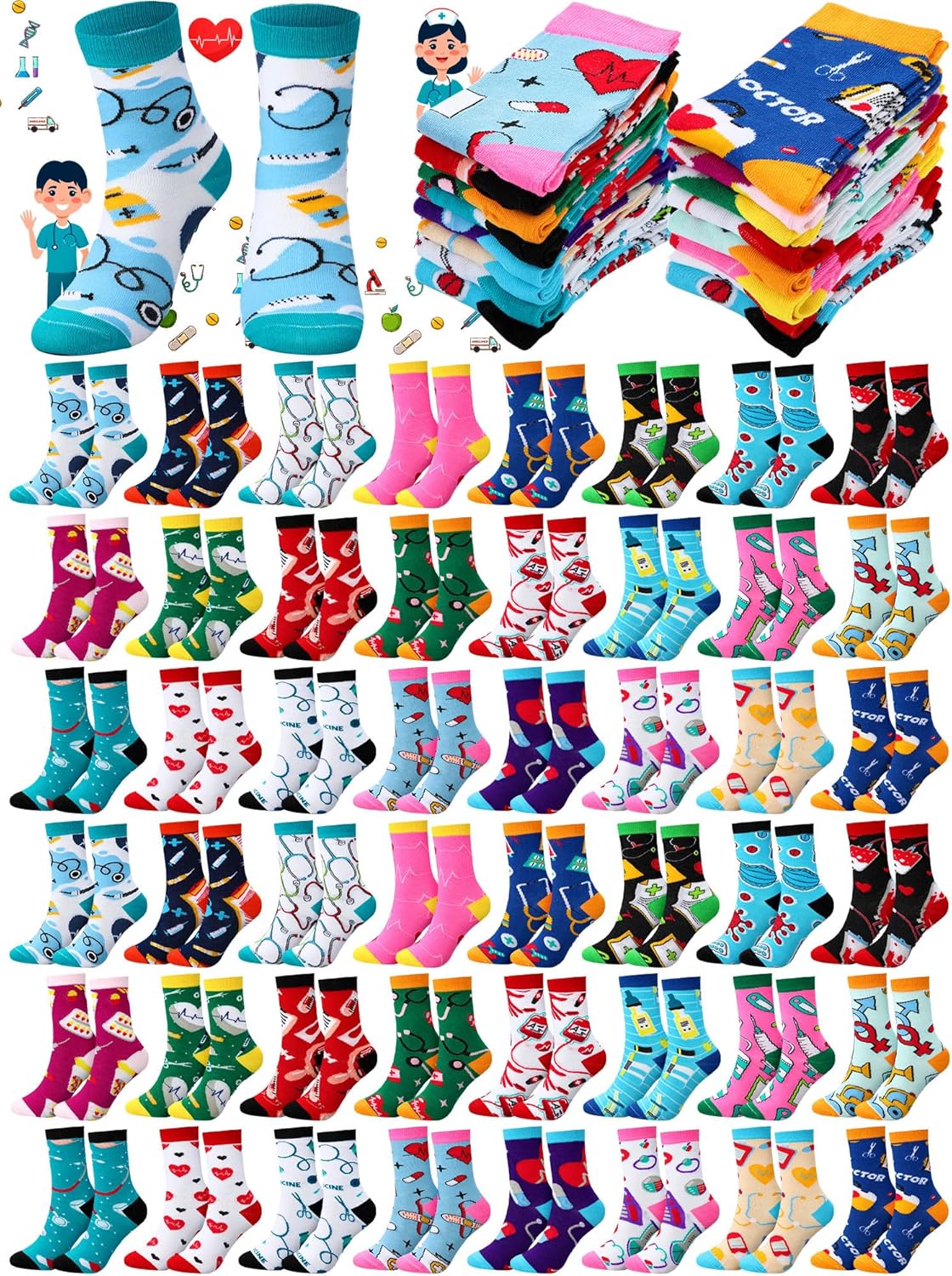 Ramede 48 Pairs Nurses Socks for Women Nursing Day Crew Socks Bulk Funny Novelty RN Medical Gifts for Nurse Doctor