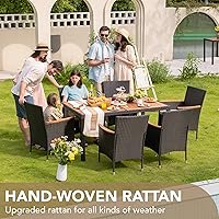 Vista 5 de Devoko Muebles de comedor de 7 piezas, juego de conversación de patio con mesa de madera de acacia, para exteriores, cojín beige y ratán negro