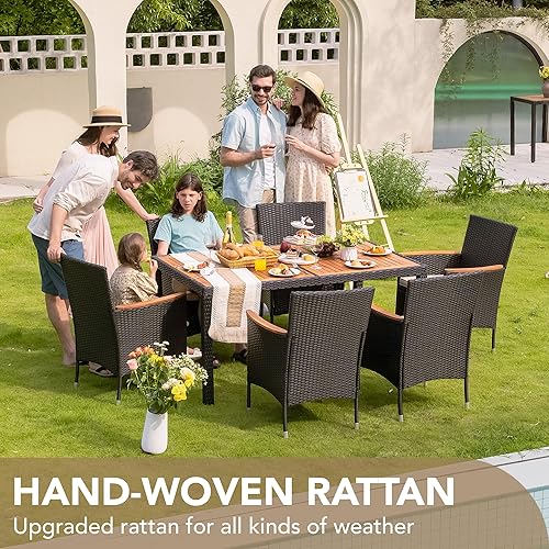 Miniatura 5 de Devoko Muebles de comedor de 7 piezas, juego de conversación de patio con mesa de madera de acacia, para exteriores, cojín beige y ratán negro Negro