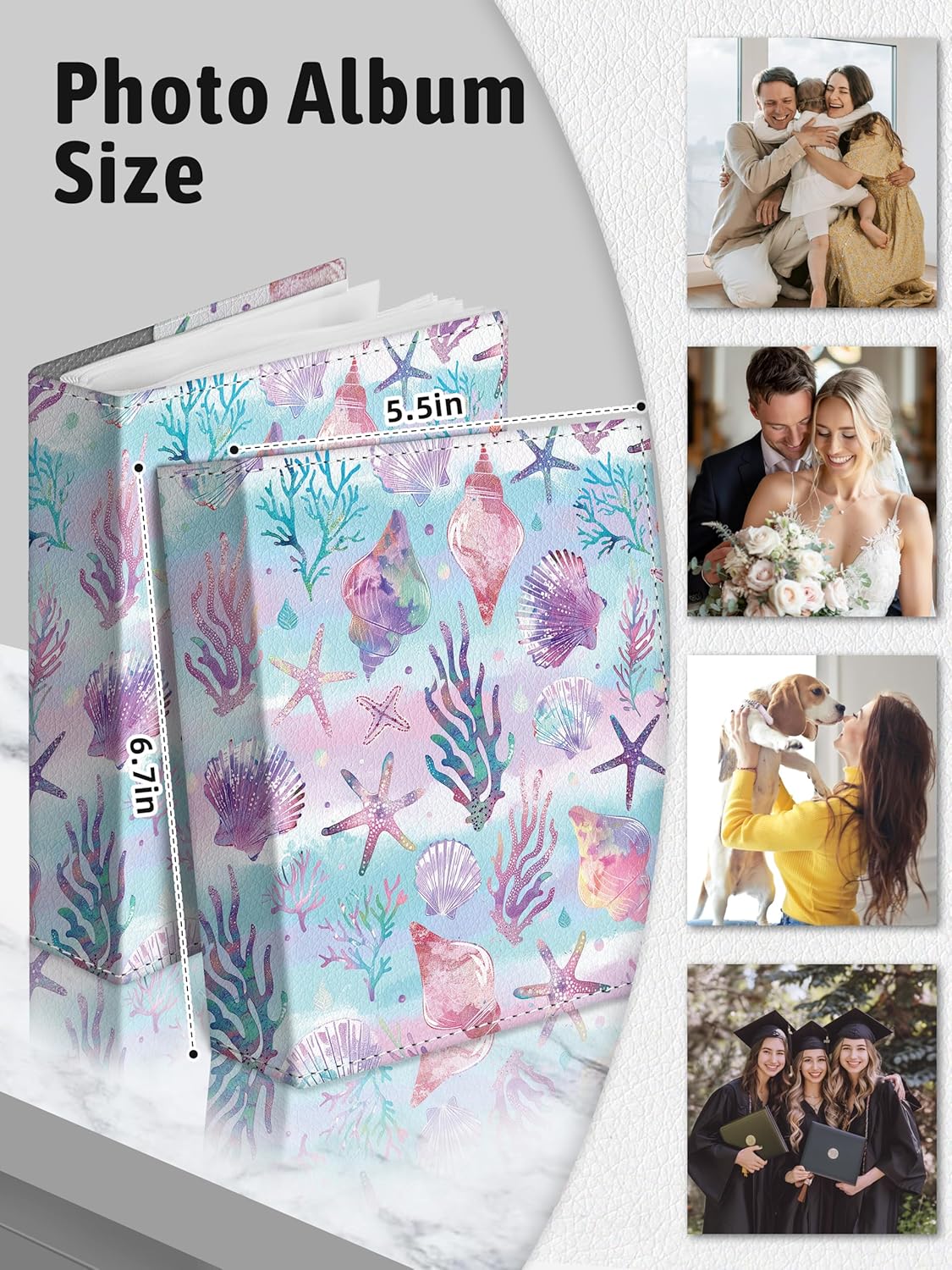 Photo Album 4x6, 56 Pockets Small Picture Book Ocean Creature Seashell Starfish Conch, Personalized Large Capacity Mini PU Leather Picture Album Gift for Family Graduation Wedding Travel - Image 6