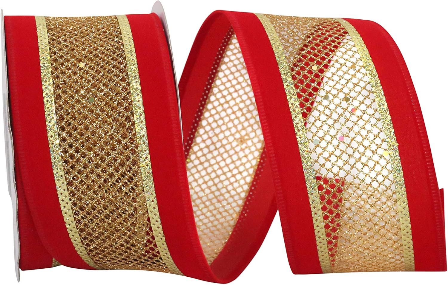 Reliant Ribbon Velvet Mesh Middle Wired Edge Ribbon, 2-1/2 Inch X 10 Yards, Red/gold