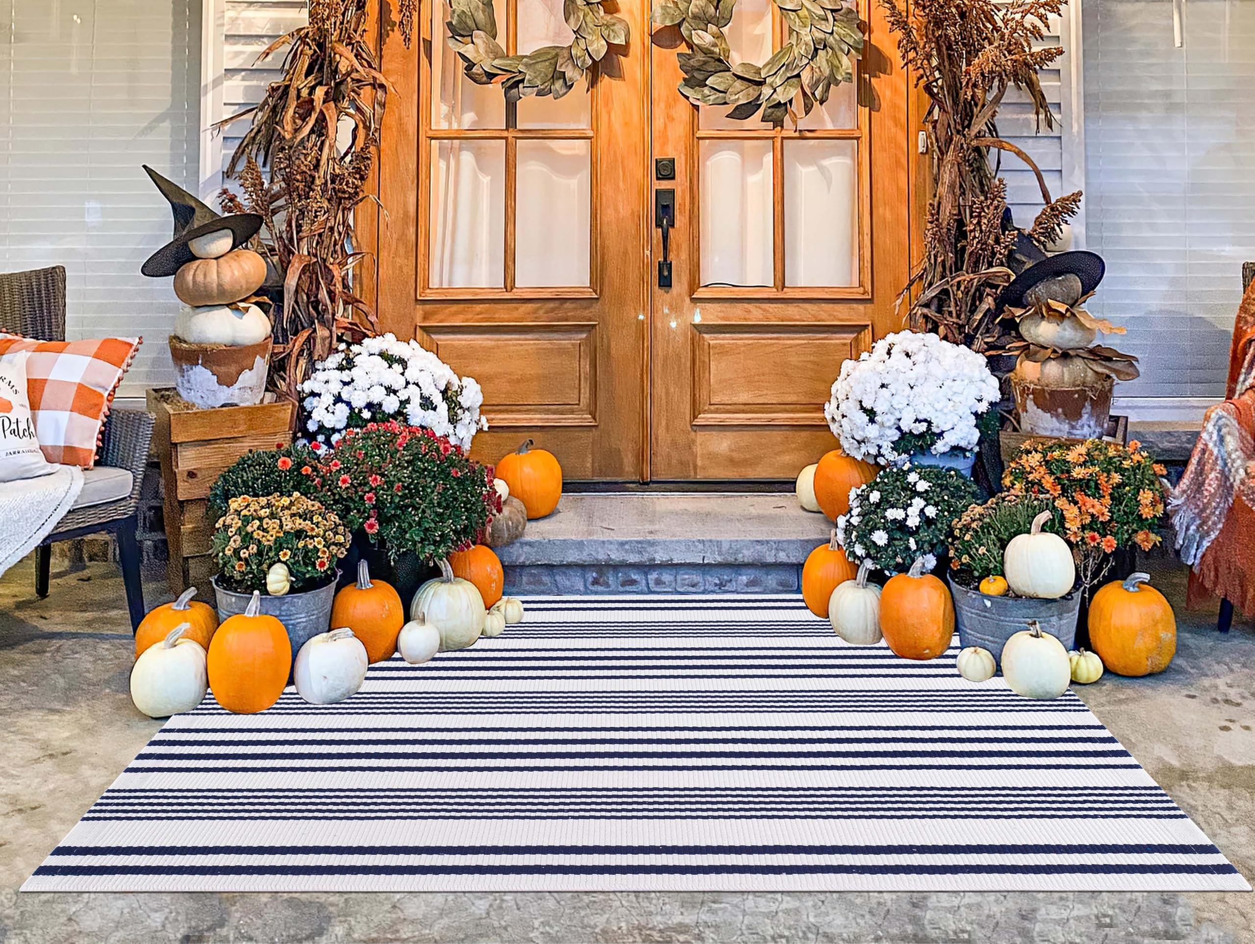 Tapis d'intérieur/extérieur rayé en Coton tissé à la Main Generic Bleu et