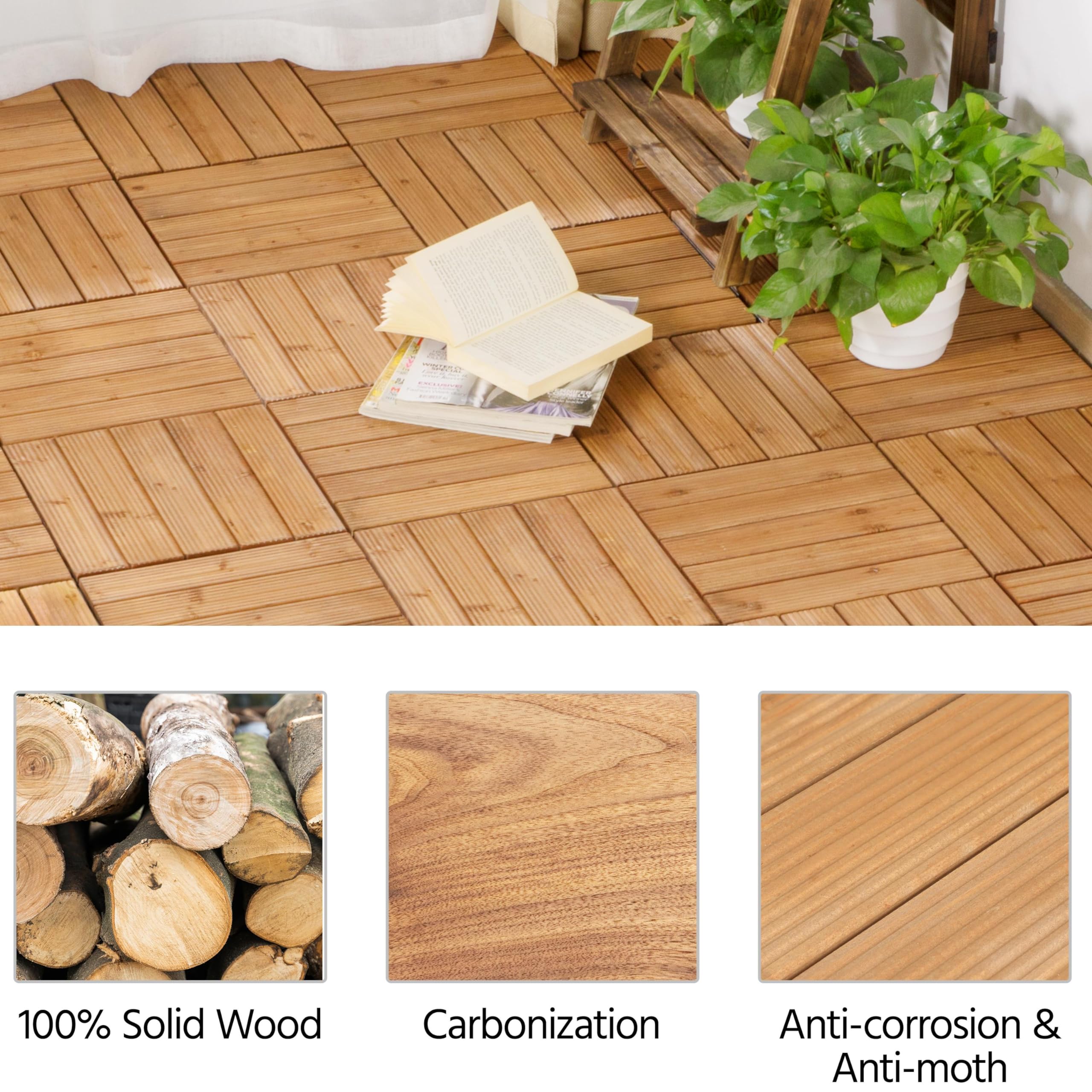 Yaheetech Piastrelle Esterno 30x30 cm 11 Pezzi Legno Pavimento Giardino ad Incastro 1 m² per Balcone Terrazza Patio Tagliabile Marrone
