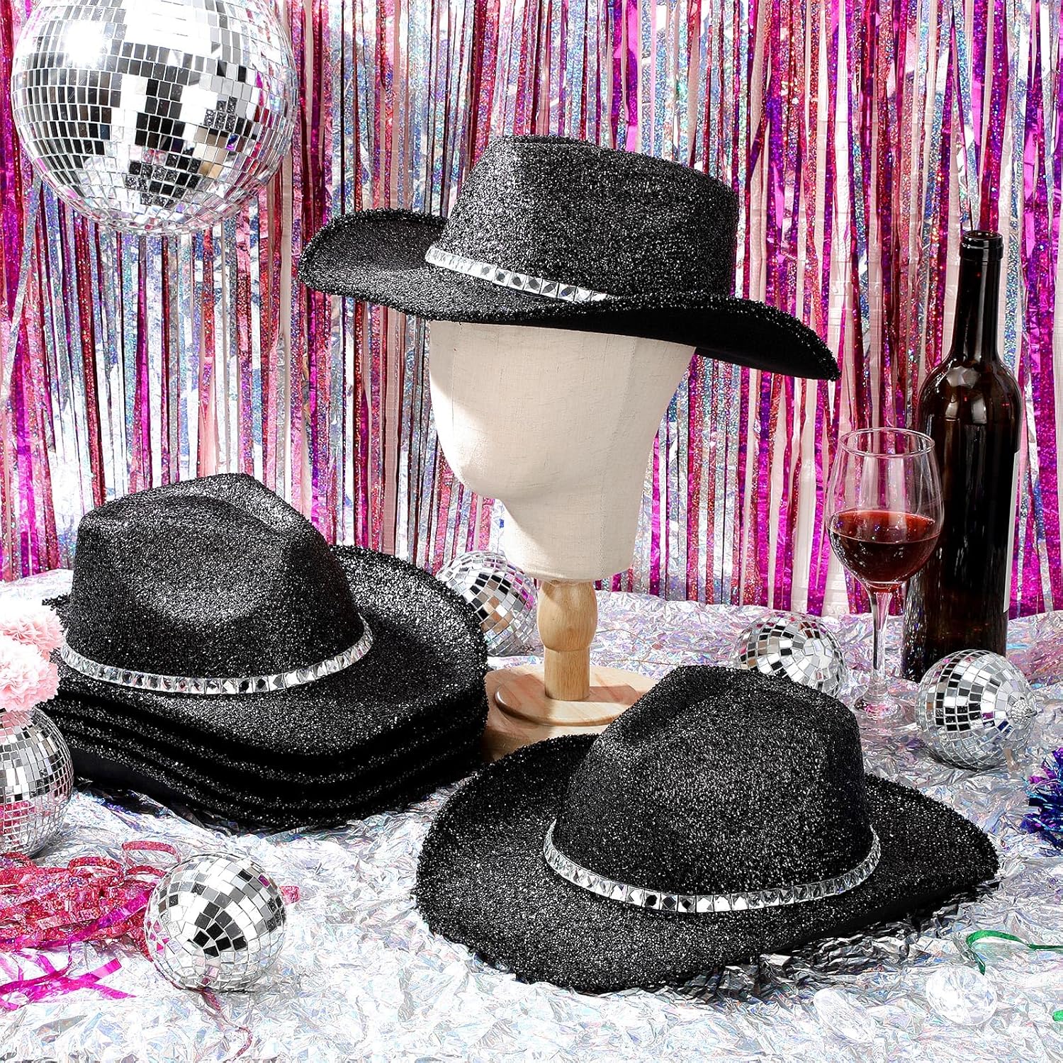 Hercicy 6 Pack Western Cowboy Hats with Rhinestone Tassel Bands Sequin Trim Sparkly Cowgirl Party Hats for Adults Women Men - Image 4