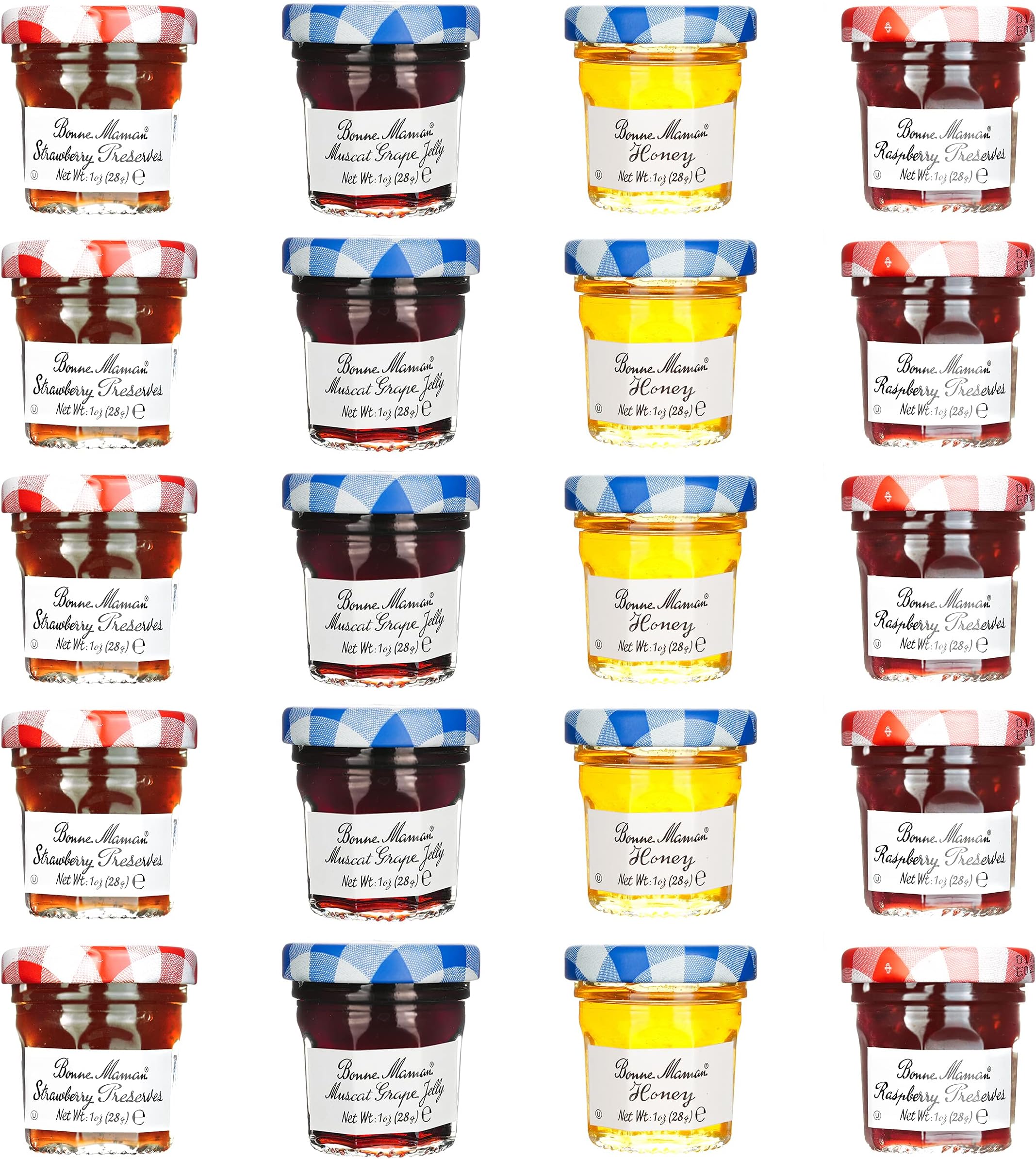 Assorted - 20/1 oz Mini Jars -Strawberry, Raspberry, Honey, Grape - 5 each flavor