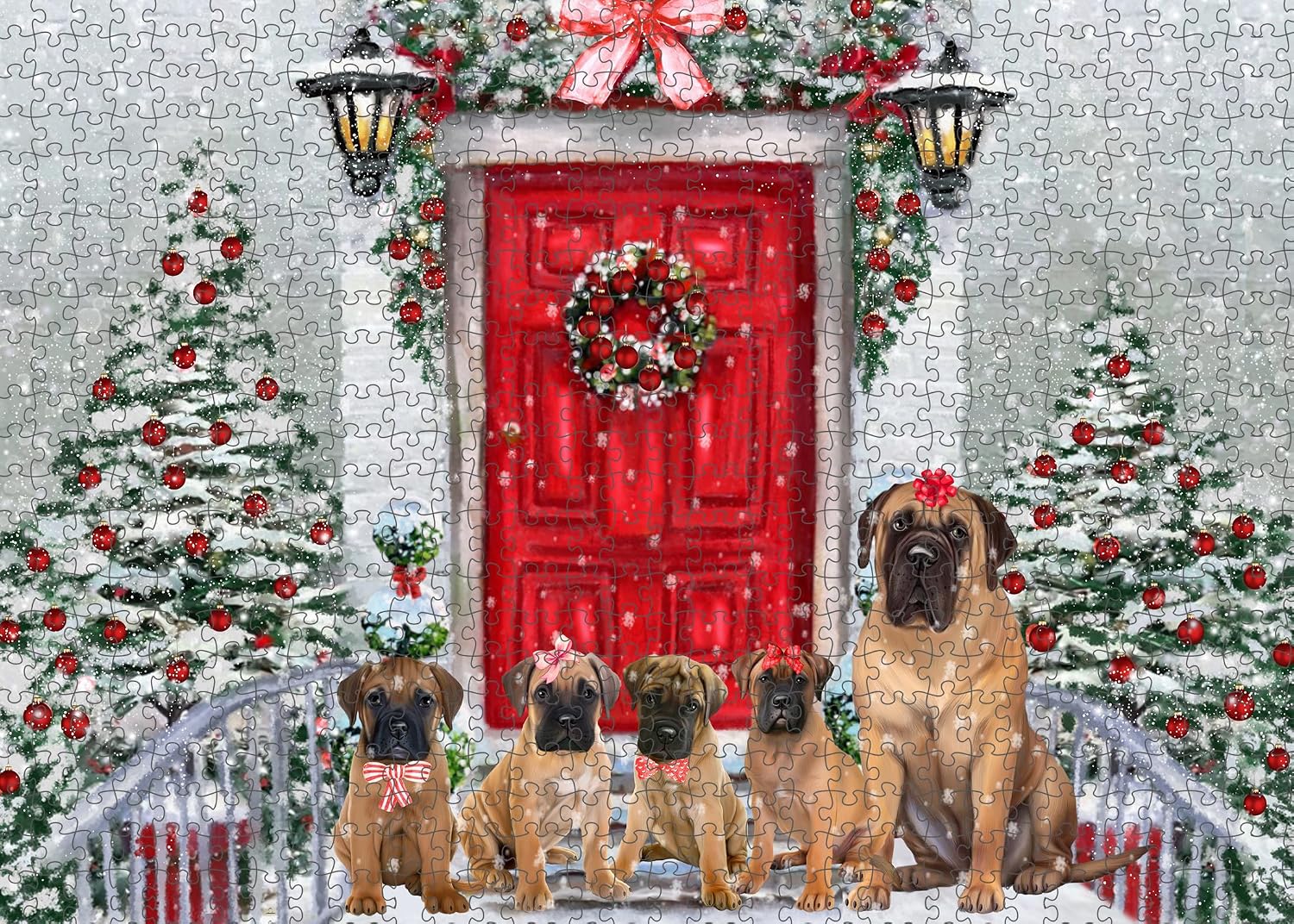 Christmas Holiday Welcome Bullmastiff Dogs Jigsaw Puzzle for Adults - Animal Printed Interlocking Puzzle Game Artwork - Gift for Dog Lover's - 1000 Pcs 20"x30"