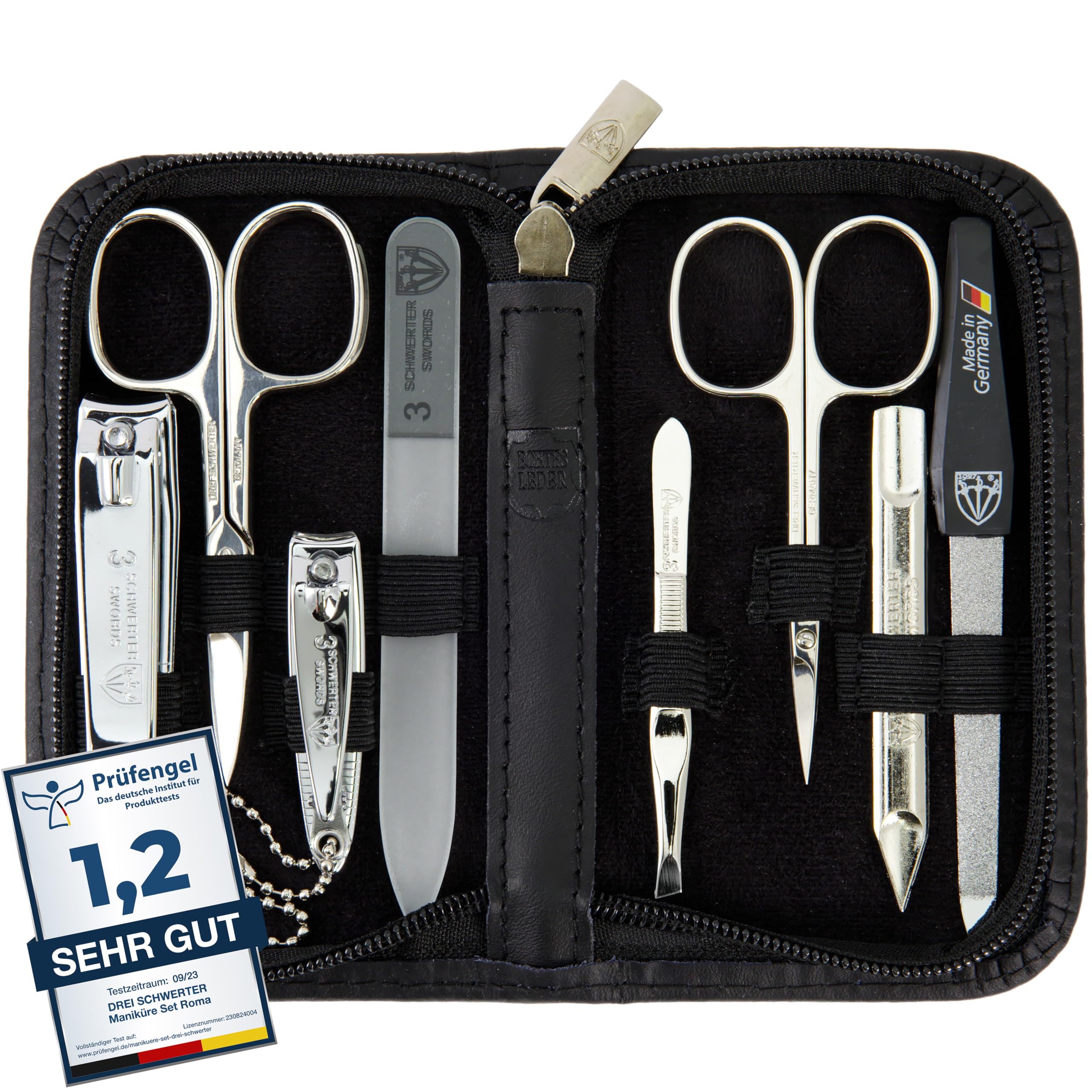 DREI SCHWERTER - Kit de manucure « Roma » – Étui à ongles avec 8 instruments : ciseaux à ongles, ciseaux à cuticules, coupe-ongles pied/doigts, cure-ongles, pince à épiler, lime à ongles en verre
