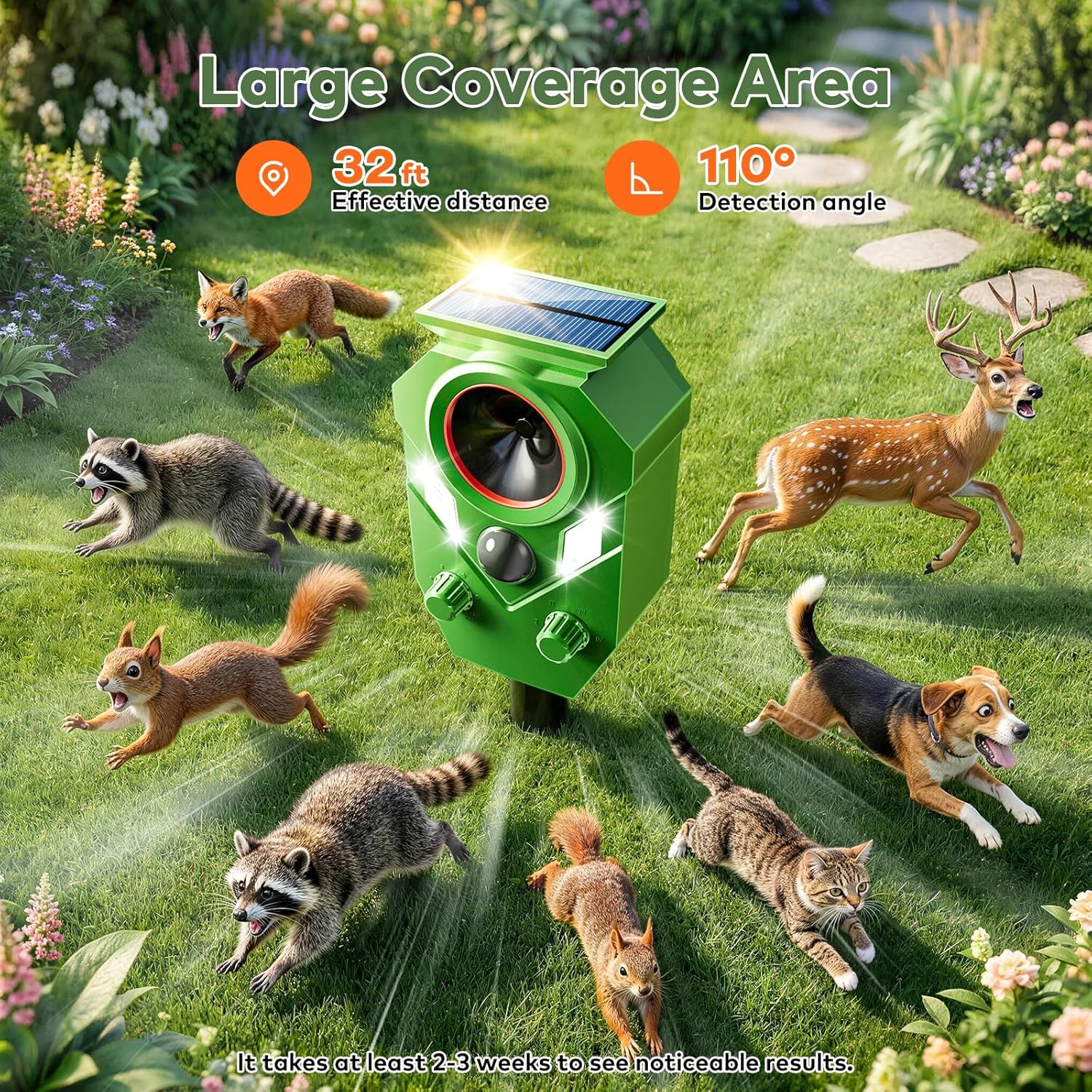 Solar Ultrasonic Animal Repellent, 1 Pack Deer Repellent Device Outdoor, IP65 Waterproof Cat Repeller with RIP Sensor, Effective Deterrent Dogs, Raccoons, Skunks, Squirrels, Rabbits - Light Green