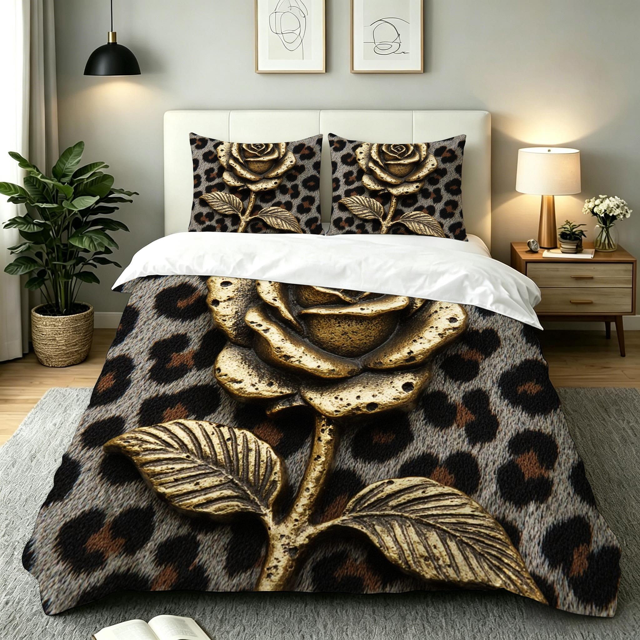 Parure de lit 240x260 fleur dorée avec housse de couette et 2 taies d'oreiller