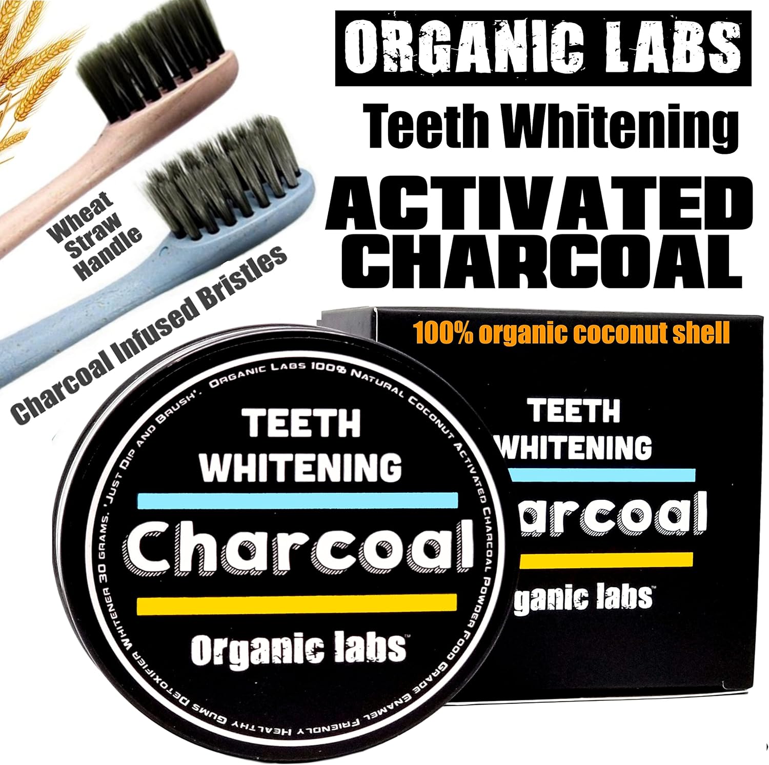 Teeth Whitening Activated Charcoal Toothpaste Kit - All Natural Organic Coconut Charcoal Powder With 2 Toothbrushes. Safer Alternative to Tooth Whitener Strips or Gel.