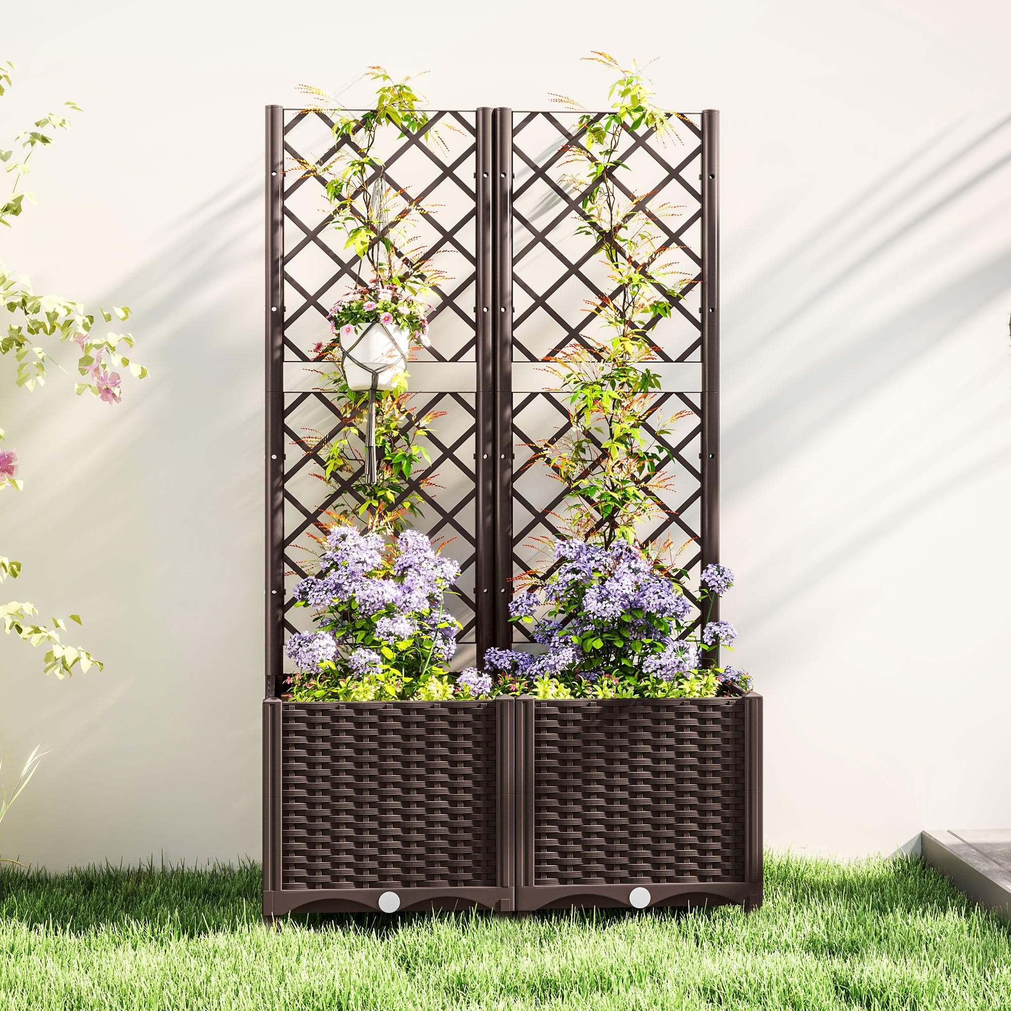 Outsunny Letto per Orto Rialzato da Esterno in PP 80x40x135 cm Marrone | Grigliato, 6 Fori di Drenaggio, Fioriera da Esterno per Piante Rampicanti, per Fiori e Verdure, per Giardino e Balcone
