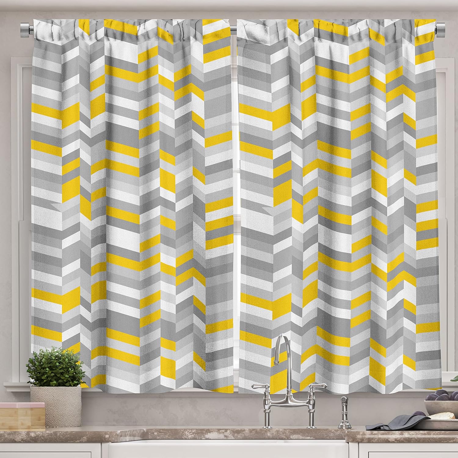 Ambesonne Grey and Yellow Kitchen Curtains, Geometric