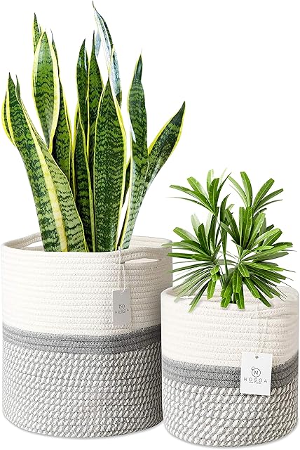 NOSOA Set of 2 Jute Rope Plant Baskets for Indoor Potted Plants, Woven Storage Basket Grey and White, Large 28cm x 28cm and Small 20cm x 19cm