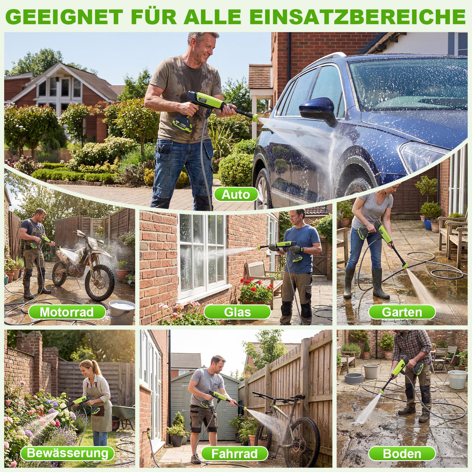 VOERJIA Akku-Hochdruckreiniger 21V 70 Bar 2x 4,0 Ah Akkus 400 L/h 6-in-1 Düse Grün