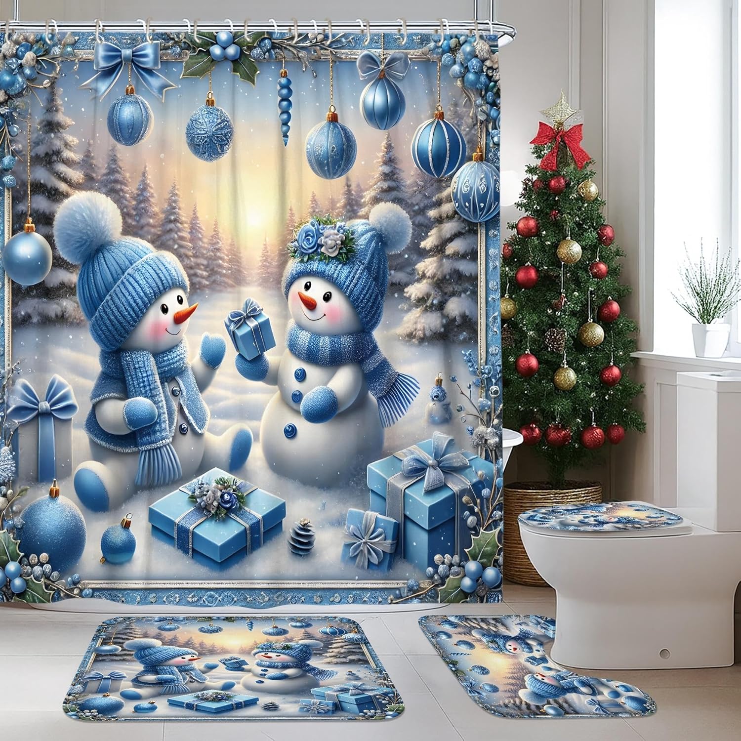 4Pcs Snow Man Shower Curtain Set, Blue Winter Snowflakes Bath Mat Rugs Accessories for Holiday Decor, Festive Waterproof Fabric Shower Curtain Set with Hooks 72x72 Inch