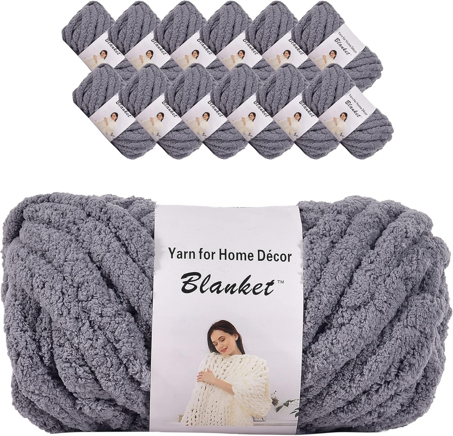 Chenille Chunky Yarn Arm Knitting Thick Bulky DIY for Knit Blanket Cushion Bed Sofa Home Decor (Dark Gray,12-Pack,3kg/6.6 lb)