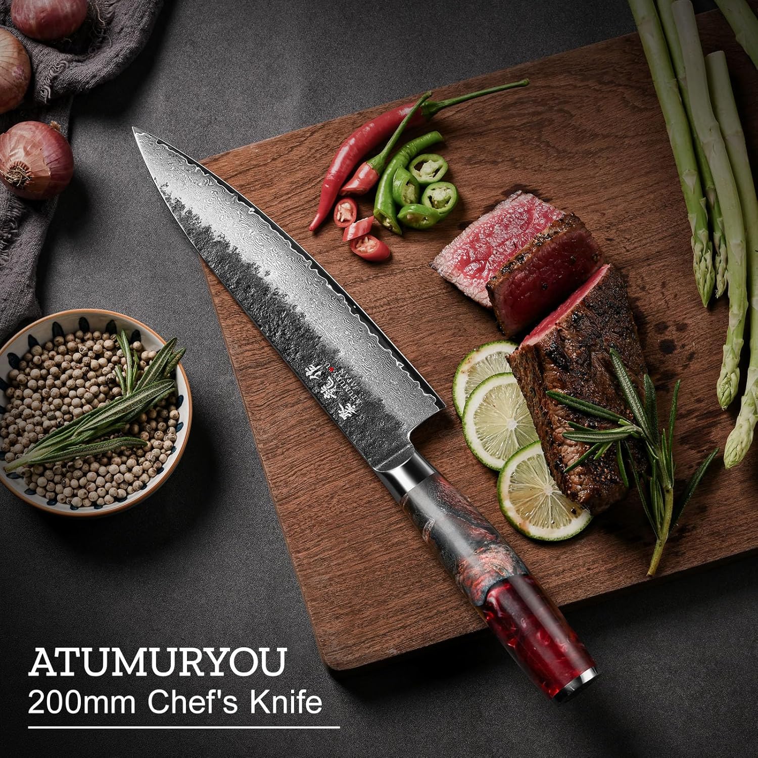 Japanese Chef Knife, 8 Inch VG10 Damascus Kitchen Knife, Professional Black Forged Kitchen Knives with Red Ergonomic Handle, Leather Sheath & Luxury Gift box, Mothers Day Gifts for Mom Wife