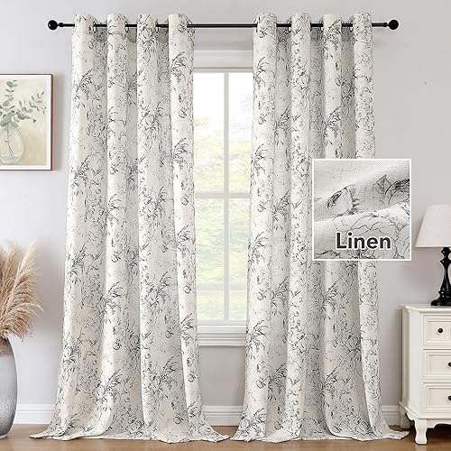 H.VERSAILTEX Boho Floral Linen Curtains 84 inch Length 2 Panels Set, Privacy Semi Sheer Light Filtering Curtains, Grommet Farmhouse Vintage Curtain, Print Pattern Drapes for Living Room, Grey