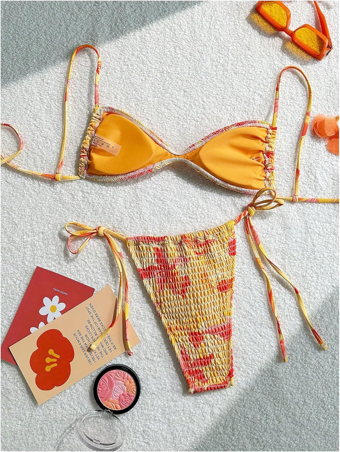 SOLY HUX Women's Triangle Bikini Set Textured Smocked String Swimsuit Boho Two Piece Bathing Suit - Image 2