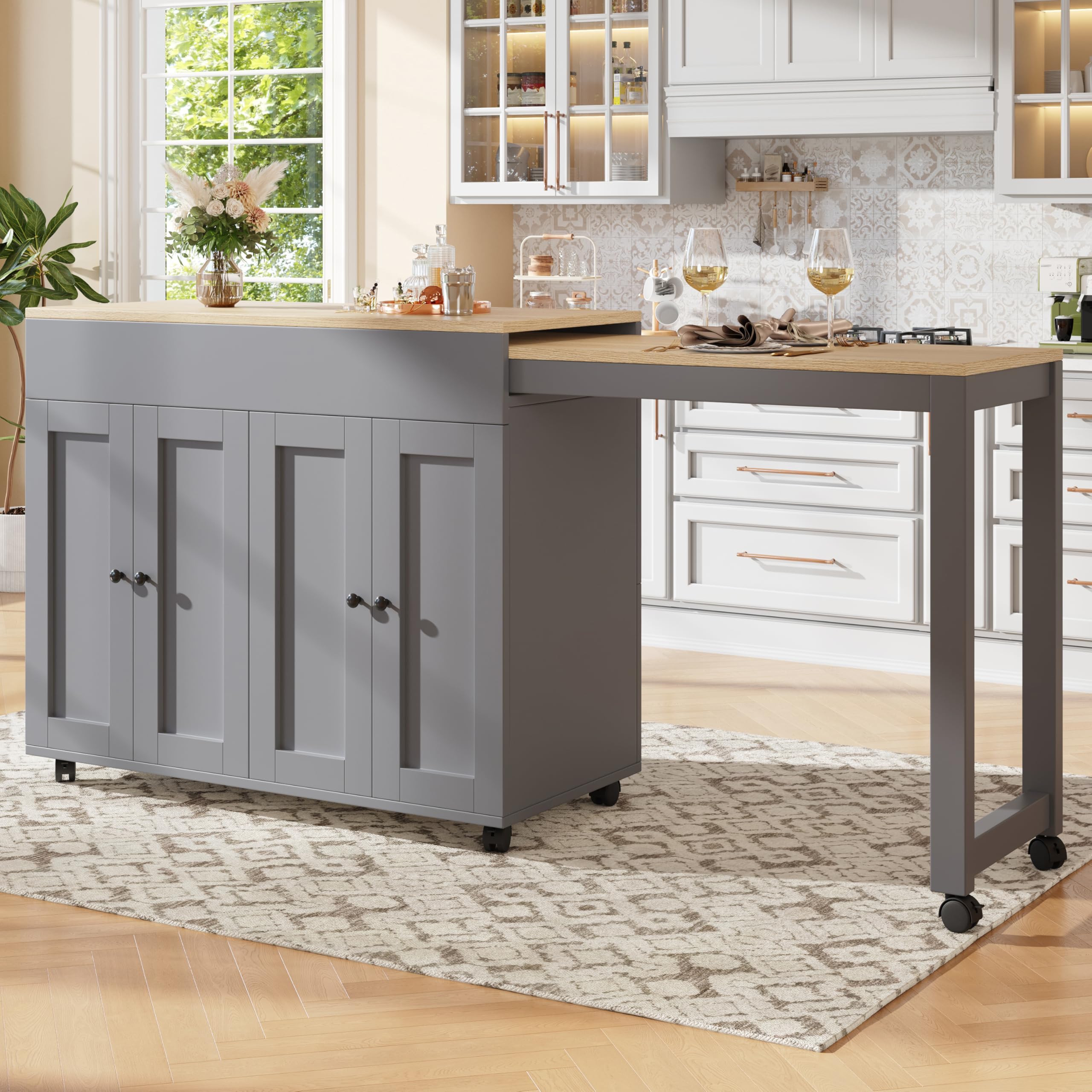 Ausziehbarer Bartisch mit Vielseitiger Stauraum, 360° Drehbarer Stehtisch Kücheninsel mit Verstellbare Tischplatte 131.5-210cm, Kücheninsel mit Rollen, Grau-B, 210x45x92 cm(Ohne Hocker)