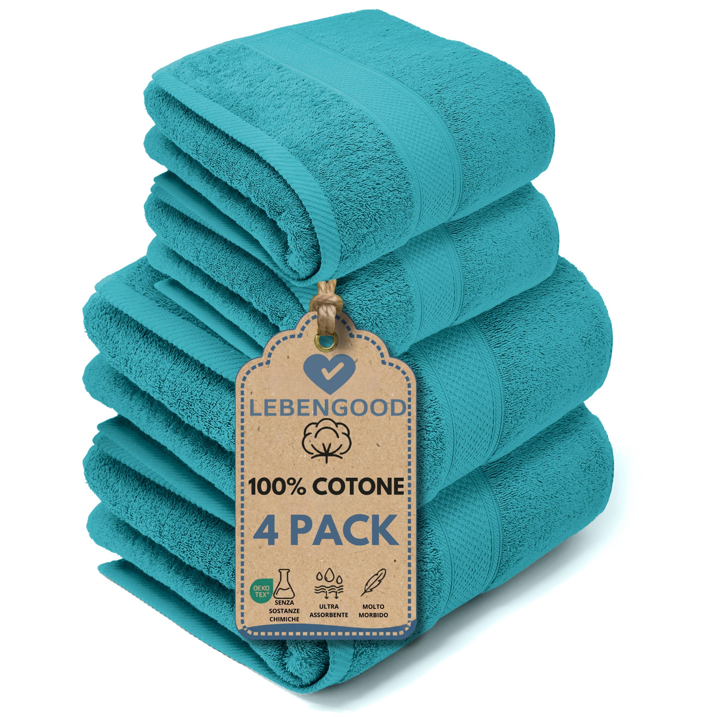 LEBENGOOD Set Asciugamani Bagno 2 Viso 50x90 2 Teli Doccia Grandi 70x140 | telo grande in spugna di cotone 500 g/m², anche per bidet, morbidi e super assorbenti, certificati Oeko Tex, ideali per hotel