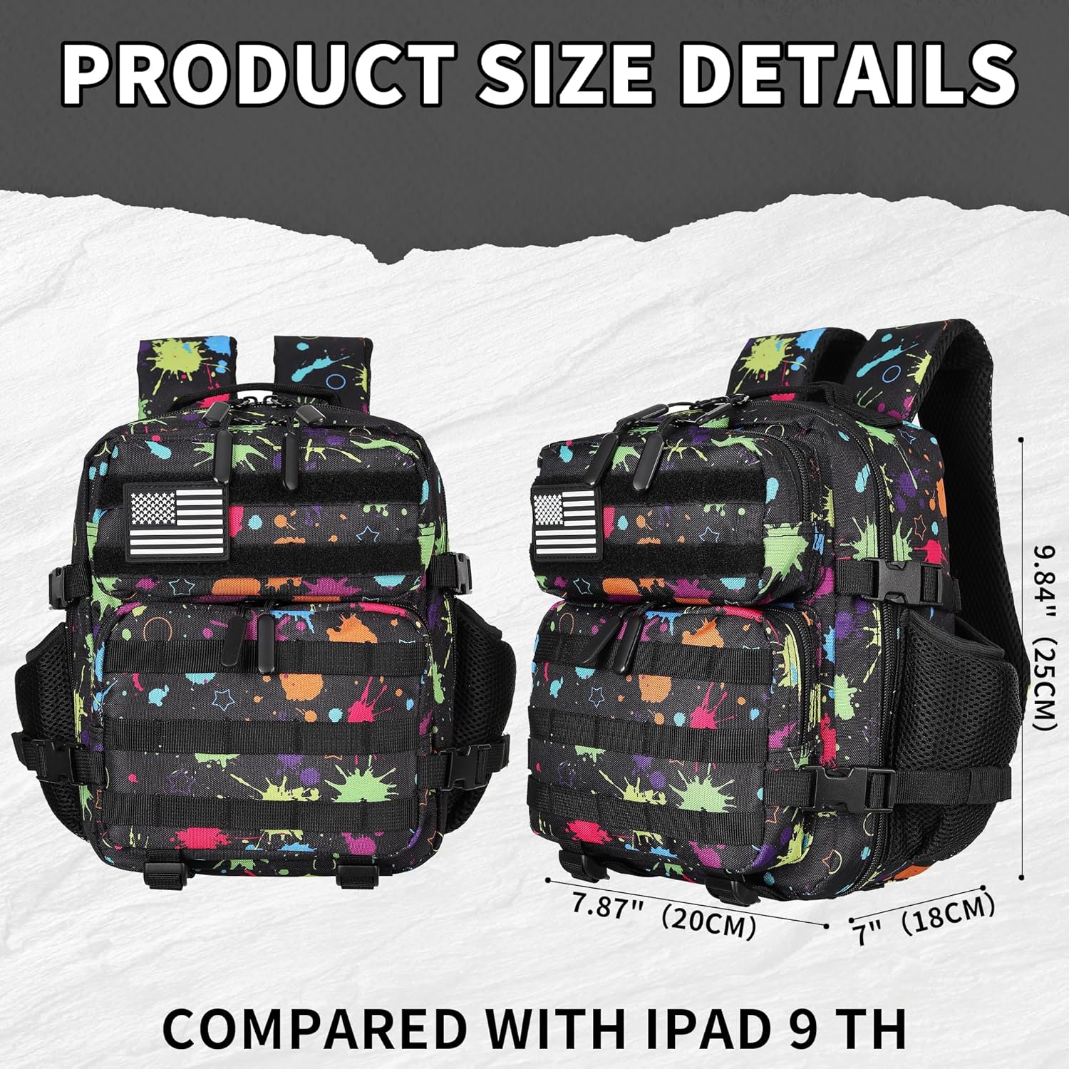 9L Mini Tactical Backpack for Men and Women Tactical Backpack Small for Hiking Small Tactical Bag (Fluorescent Tie Dye) - Image 2